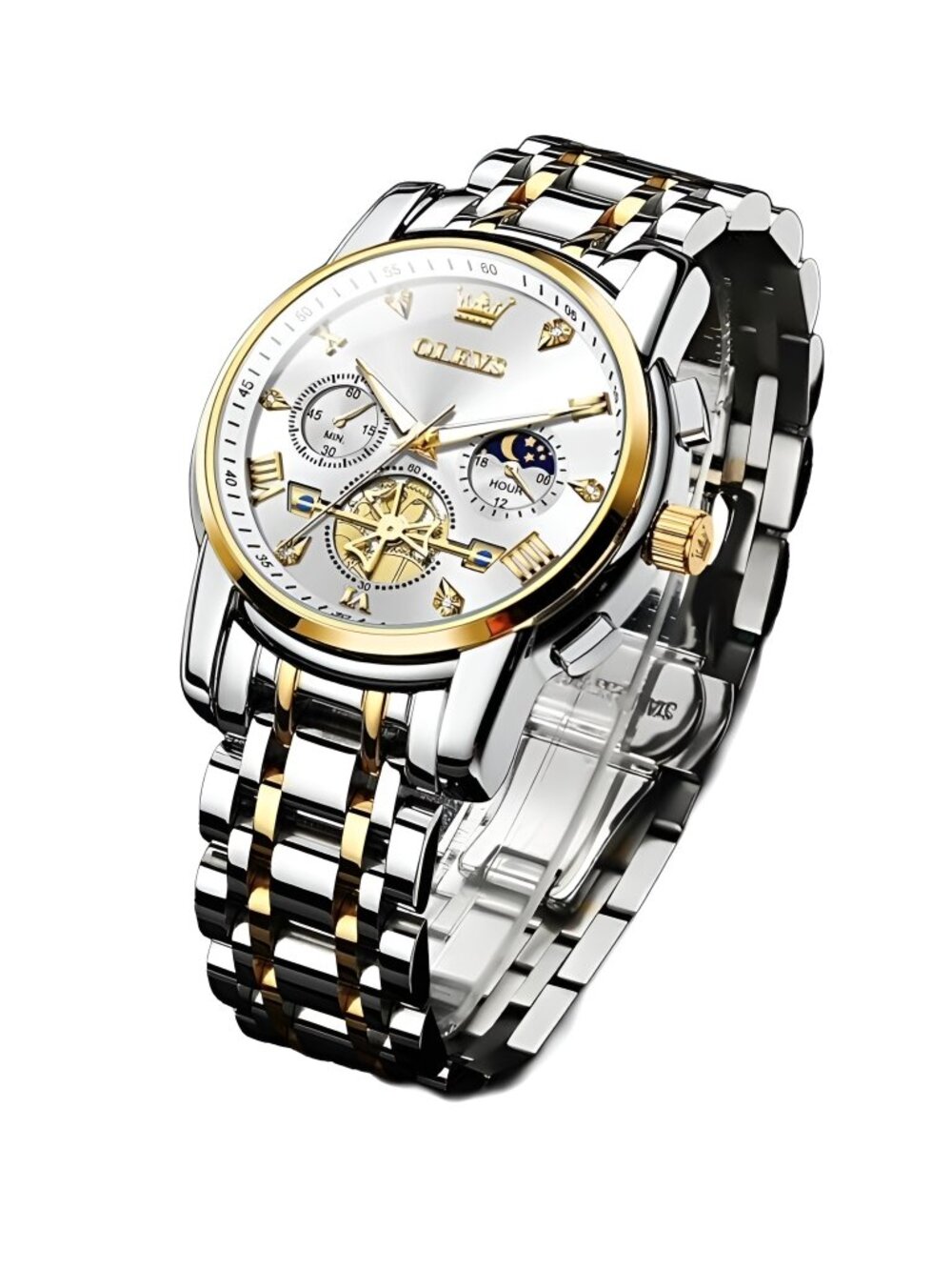 Olevs Men's Stainless Steel Quartz Analog Watch, SILVER/GOLD